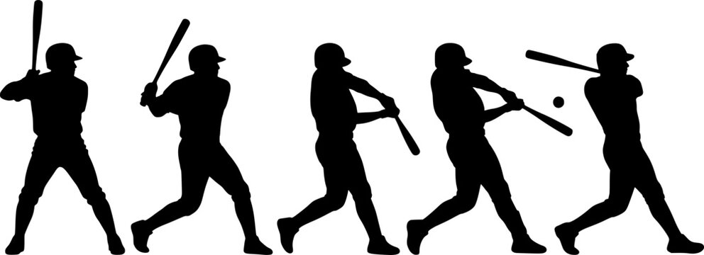 Baseball player silhouettes in batting sequence, from stance to follow‑through, sports motion study vector set for athlete posture and design use

