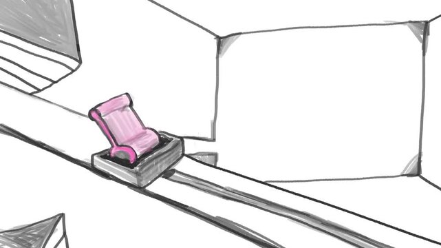 The cartoon lever turns on the system and activates the energy red tracks.