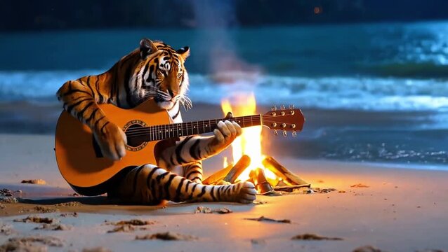 Peaceful Bengal Tiger Strumming Guitar by Glowing Fire on Night Shore, 8k Cinematic Footage, Sharp Focus and Realistic Texture Detail
