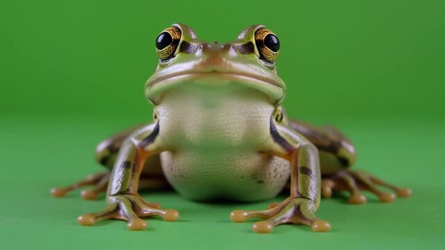 Close-up detailed shot of a frog highlighting textured skin, expressive eyes, and limbs against a vibrant green background with sharp focus and natural detail