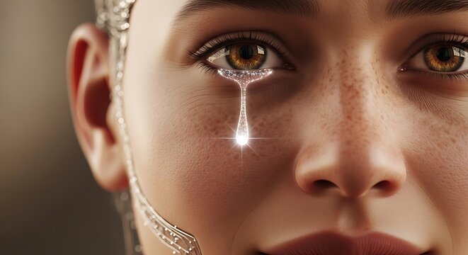 Hyperrealistic close-up shot of a humanoid robots eye, with a single, glistening tear falling. The image explores themes of AI, emotion, and the blurring lines between human and machine.