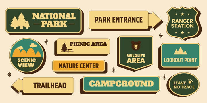 Retro national park sticker set with ranger station, park entrance, scenic view, trailhead, campground and more. Vector illustration in vintage midcentury 50s style for outdoor recreation and travel