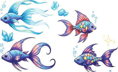 Fototapeta premium Colorful Fantasy Aquarium Fish Set with Decorative Ornamental Fish Sea Plants Bubbles and Crystals Magical Underwater Vector Illustration Collection