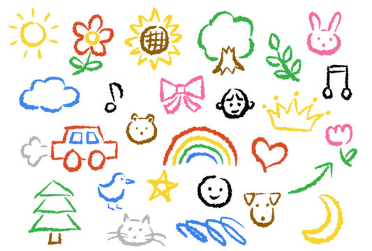 Kid crayon hand drawn scribble. Set of vector kid illustration. Colorful kid doodle drawing