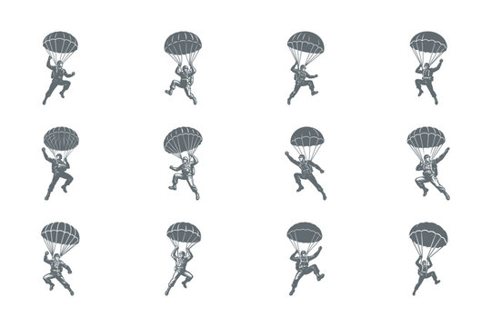 parachuting illustrations, skydiving icons, gray silhouette graphics