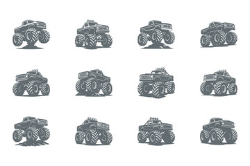 set of monster truck illustrations in gray on white background © DzgnVibe