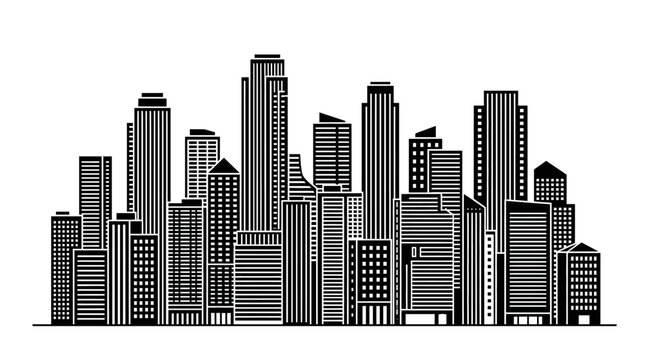 Modern City Buildings Silhouette on Isolated White Background