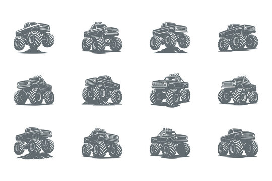 set of monster truck illustrations in gray on white background