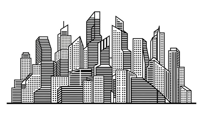 Geometric City Skyline Line Art Landscape on Isolated White Background