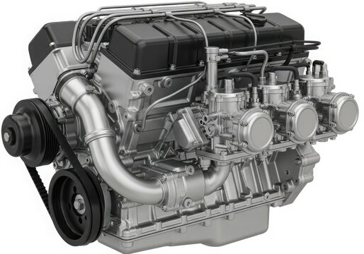 A powerful and complex v8 engine with various components and parts visible. isolated on white background