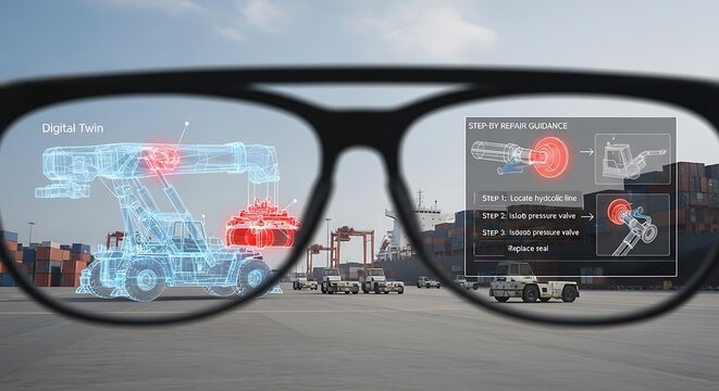 Close-up of eyeglasses showing augmented reality overlays of complex machinery schematics and vital statistics, blending digital information with a real-world industrial backdrop.