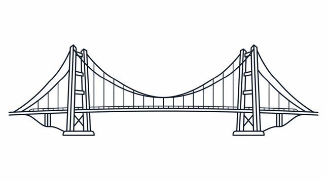 Simple suspension bridge illustration, clean line bridge with towers and cables on an isolated white background.