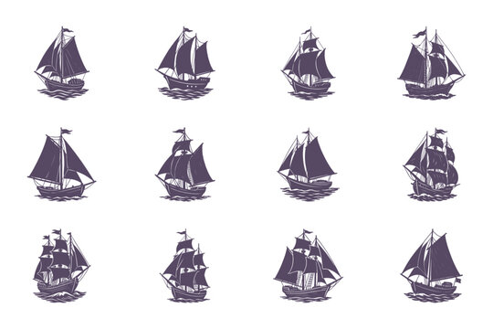 set of vintage sailboats on white background