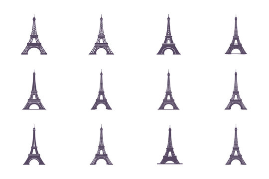 Collection of Eiffel Tower silhouettes on white background