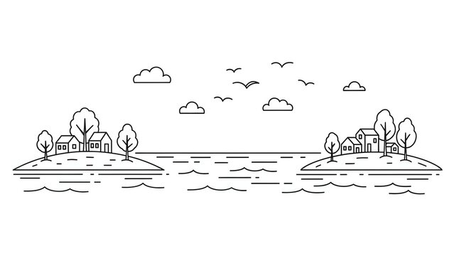 Minimalist Line Art Vector of Coastal Islands with Houses, Trees, and Birds