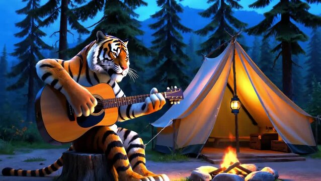 Cinematic Medium Close-Up of Bengal Tiger with Guitar at Forest Campsite, 8k Resolution, Realistic Fur and Canvas Tent Detail