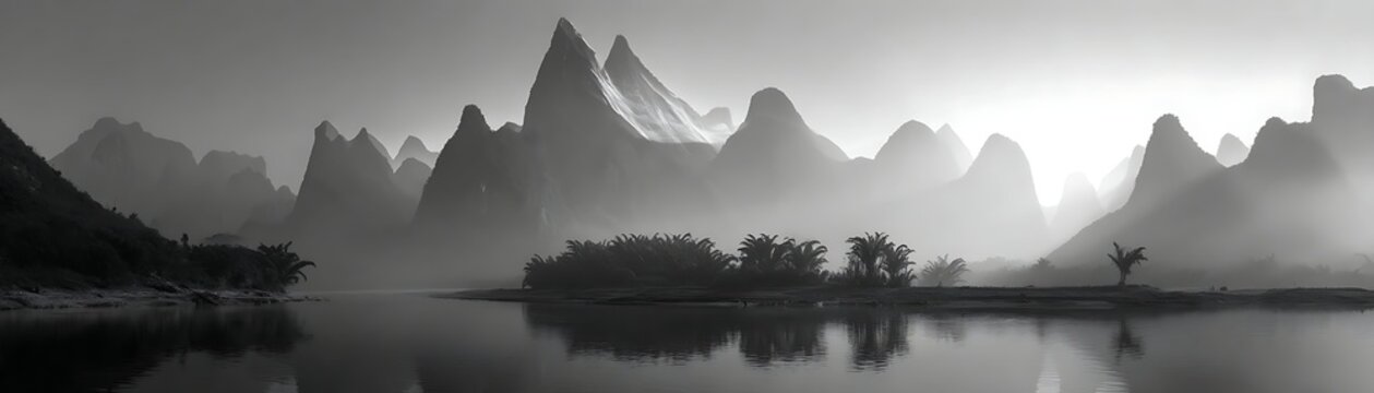 Striking karst peaks rise above a placid body of water shrouded in morning mist
