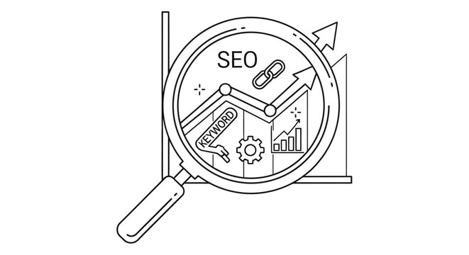 Search engine optimization analysis with a magnifying glass and graphical elements