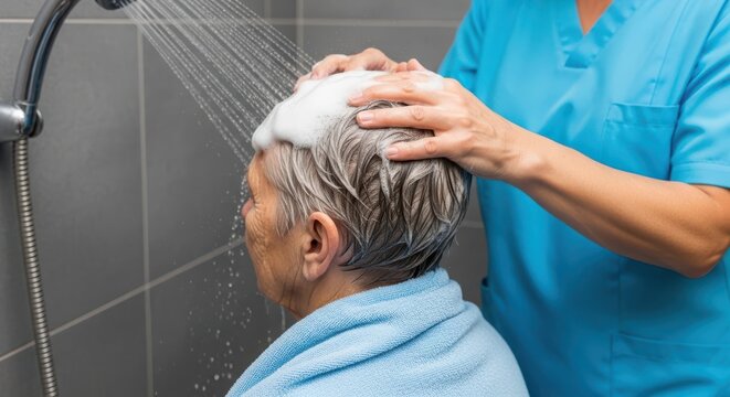 Caregiver washing elderly woman hair with shampoo in a shower setting