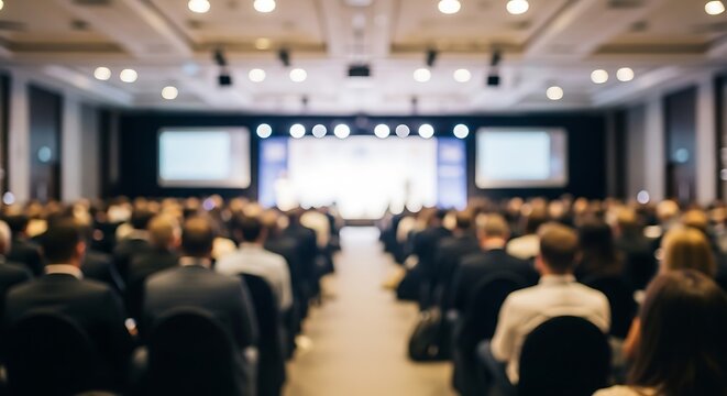 Blurred business conference audience in large hall, defocused corporate seminar crowd, professional convention meeting with stage and screens