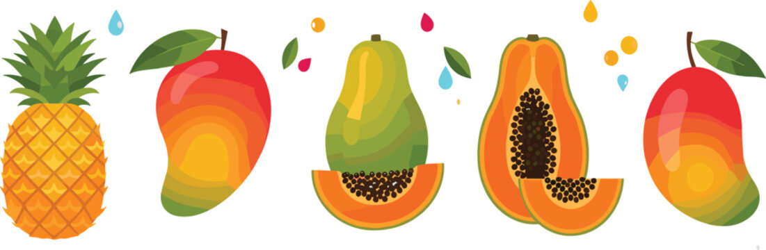 Tropical Fruit Collection with Pineapple Mango Papaya Slices Fresh Exotic Summer Food Bright Colorful Vector Illustration Set