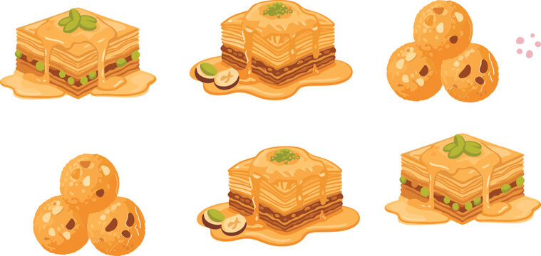 Baklava and Sweet Dessert Cartoon Vector &ndash; Middle Eastern Pastry Illustration