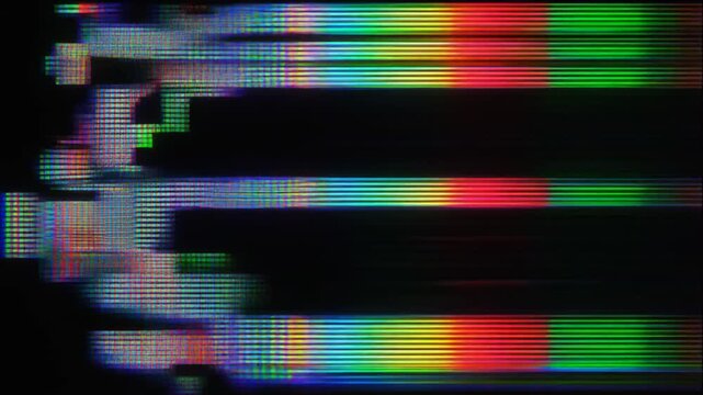 Glitchy rainbow colored horizontal bars on black background