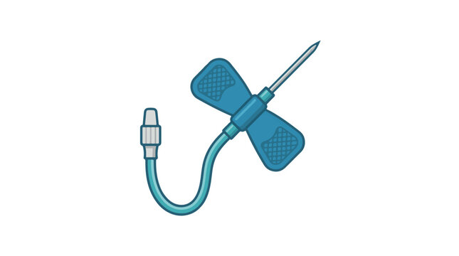 An illustration of a blue butterfly needle (winged infusion set) featuring a sharp needle, flexible tubing, and a Luer lock connector, used in medical procedures.
