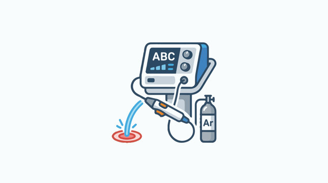 A medical device icon showing an Argon plasma coagulation unit with a machine, handpiece emitting a blue stream, and an 'Ar' cylinder, implying a surgical or therapeutic application.