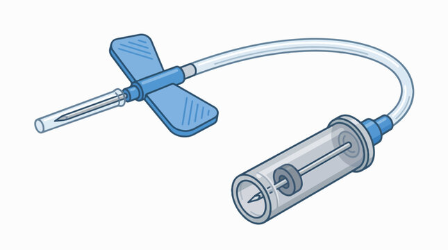 A sterile butterfly needle set with a plastic hub, tubing, and a vacuum collection tube holder, used for blood draws and IV infusions.