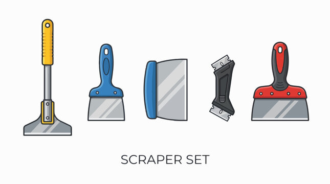A vector illustration displaying a set of five different types of scrapers and putty knives with various handles and blades, suitable for construction or DIY tasks.