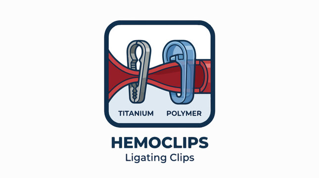 An illustration comparing titanium and polymer surgical ligating clips (Hemoclips) shown compressing a red vessel, highlighting two different material types.