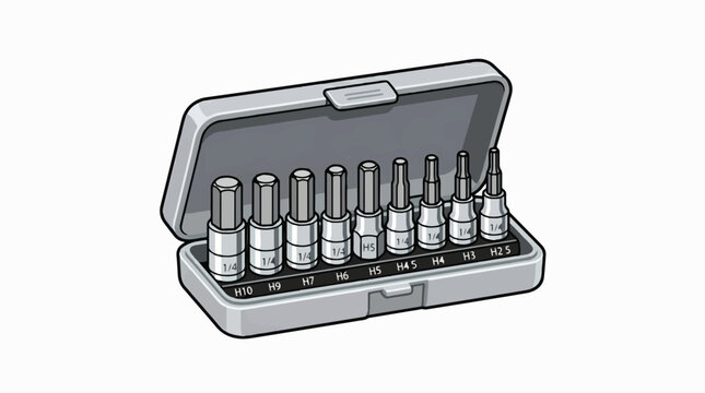 An open gray case displays a set of various sized hex bit tools, ranging from H10 to H2.5, suitable for fastening and repair tasks.