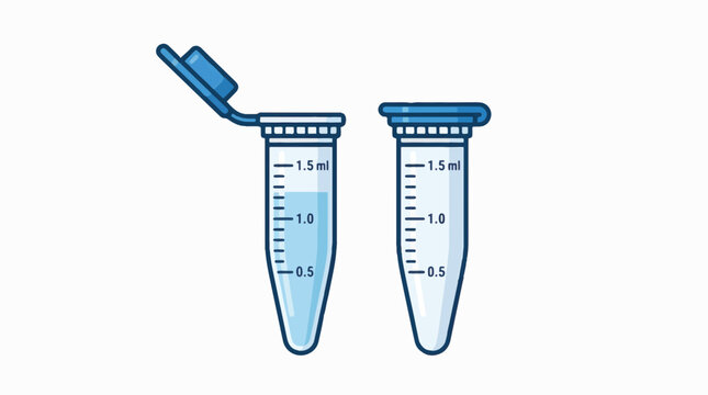 Two cartoon-style microcentrifuge tubes. One is open with blue liquid, the other is closed. Both have volume markings.
