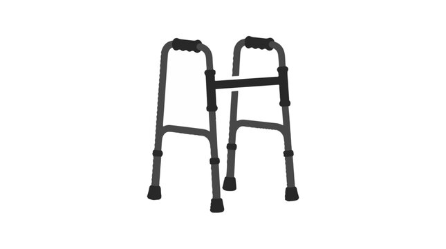 A grey walker with two handles and black rubber tips on the legs, on a white background.