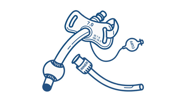 Line drawing of a tracheostomy tube with an inner cannula and cuff, labeled with size information.