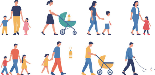 Happy walking family collection with mother father and children spending time together outdoors cheerful people bundle vector illustration clipart © MST AKHLIMA 