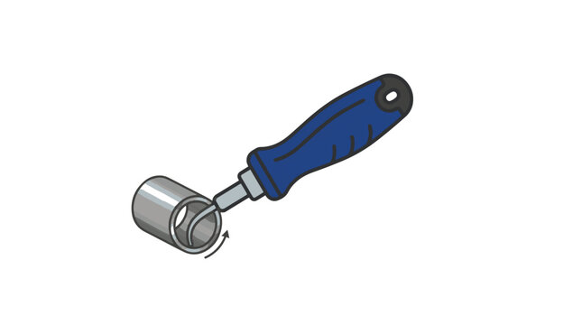 An illustration of a pipe deburring tool with a blue handle, shown deburring the inside edge of a metal pipe with a rotating motion.