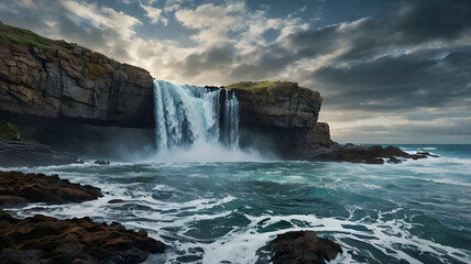 Obraz premium Powerful Ocean Cliff Waterfall Crashing into Sea