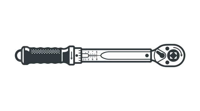A black and white illustration of a torque wrench with a knurled handle and adjustable settings for precise tightening.