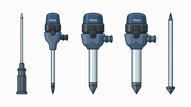 Collection of surgical instruments, including a scalpel and three different sized trocar sets with clear caps.
