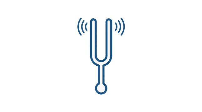A blue outline icon of a vibrating tuning fork with sound waves emanating from its prongs, set against a clean white background.