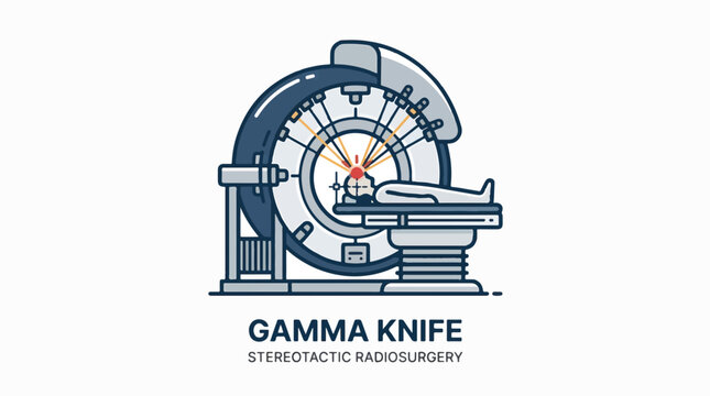 A Gamma Knife stereotactic radiosurgery machine targeting a patient's head with radiation beams.