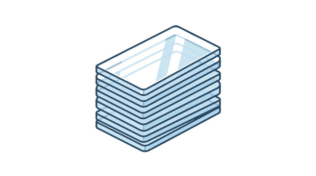 Isometric vector illustration of a stack of clear, rectangular objects with rounded corners, outlined in blue on a white background. Appears thin and layered.