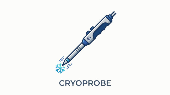 An illustration of a cryoprobe, a medical device with a blue and grey handle and a metallic tip, emitting a snowflake icon to represent freezing. The text 'CRYOPROBE' is below.