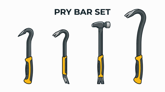 Four pry bars and a hammer are displayed against a white background with the text PRY BAR SET above.