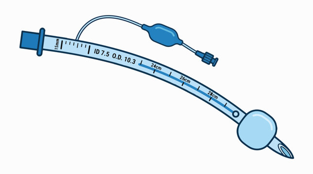 A cartoon illustration of an endotracheal tube, a medical device used for airway management and mechanical ventilation, featuring measurement markings and an inflatable cuff.
