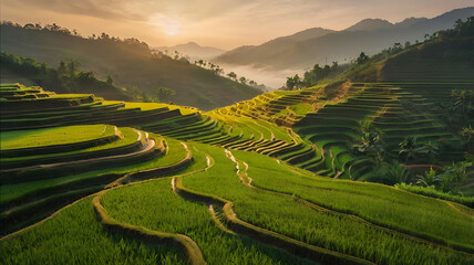 Fototapeta premium Golden Terraced Rice Fields in Mountain Valley