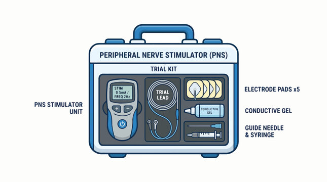 Illustration of a peripheral nerve stimulator trial kit, showcasing a stimulator unit, trial lead, electrode pads, conductive gel, guide needle, and syringe.