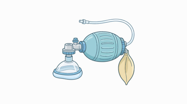 An illustration of a light blue manual resuscitator, commonly known as an Ambu bag or BVM, featuring a clear face mask and an attached reservoir bag.